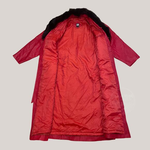 1970s Red Leather Maxi Coat w/ Real Black Fox Fur | Greg Bell, XL, Rare Vintage - Picture 5 of 14